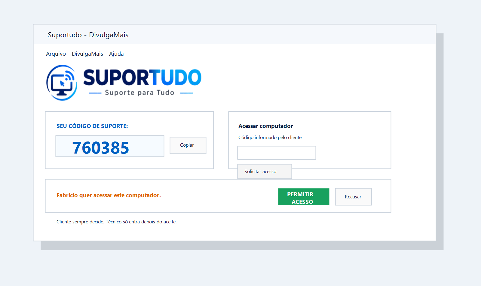 Tela do Suportudo com código de suporte e pedido de acesso